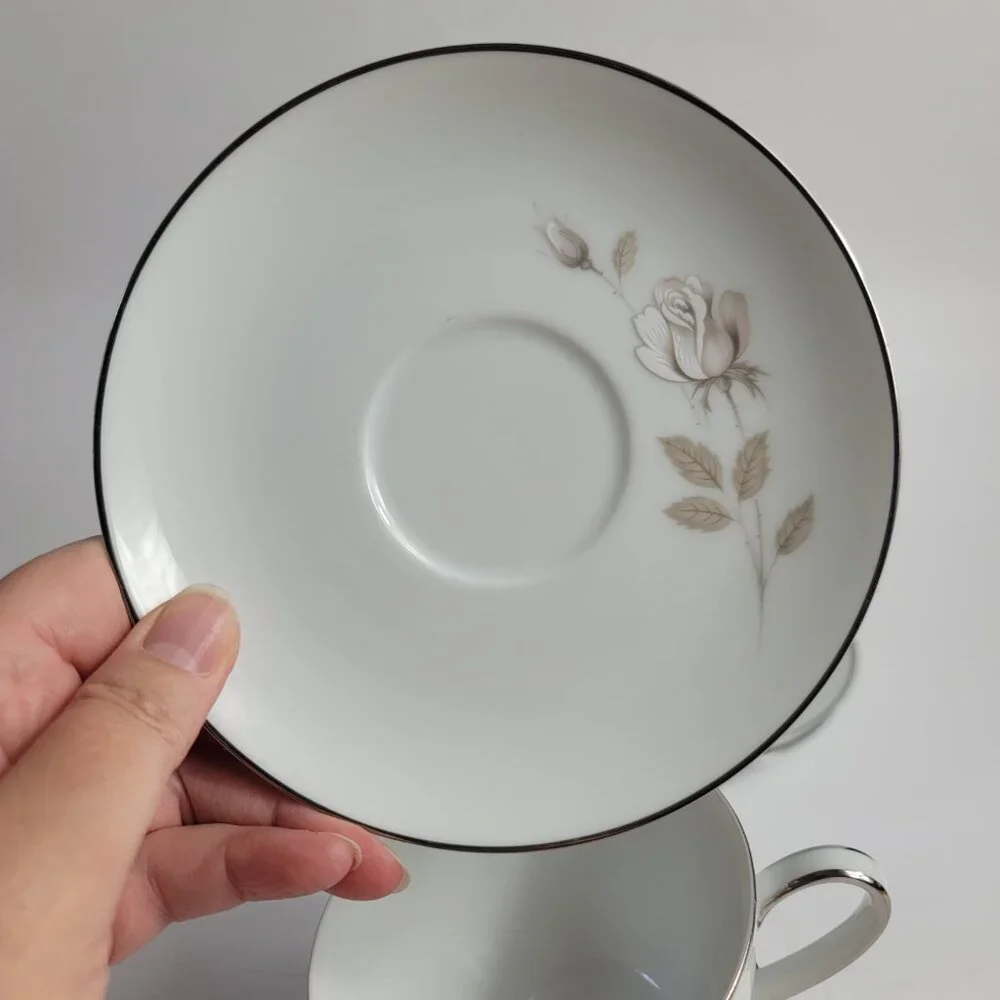 FOUR Noritake Sweet Talk Cup & Saucers Sets White with Pink & White Roses